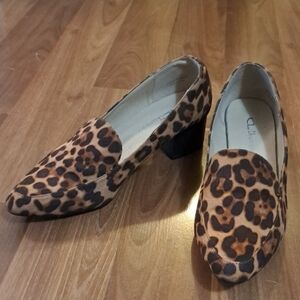 CL by Laundry Leopard Print Pointed Toe Low Block Heel Loafers - Brown/Black